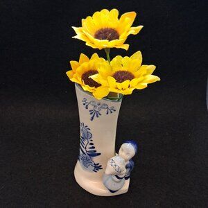 Delft Style Blue & White Kissing Dutch Couple Vase - Heart Top - Hand Painted